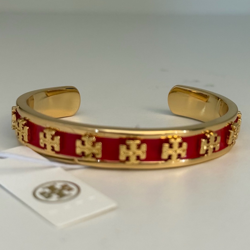 Authentic 18K Plated Tory Burch Red and Gold Logo Cuff Bracelet New With Tag